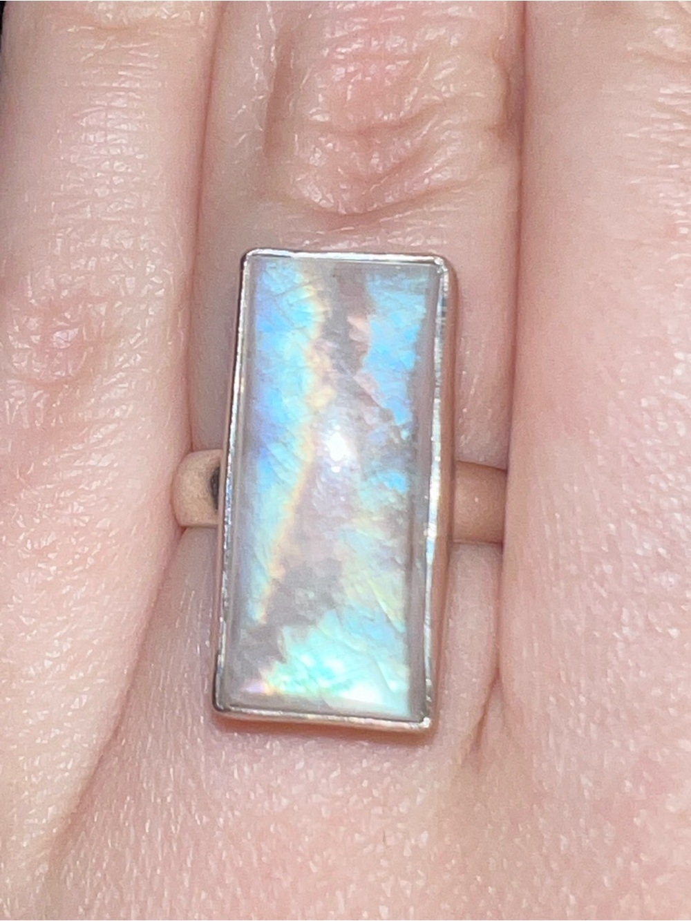925 Sterling Silver Bezel Set Rectangular Rainbow Moonstone Ring Size 5